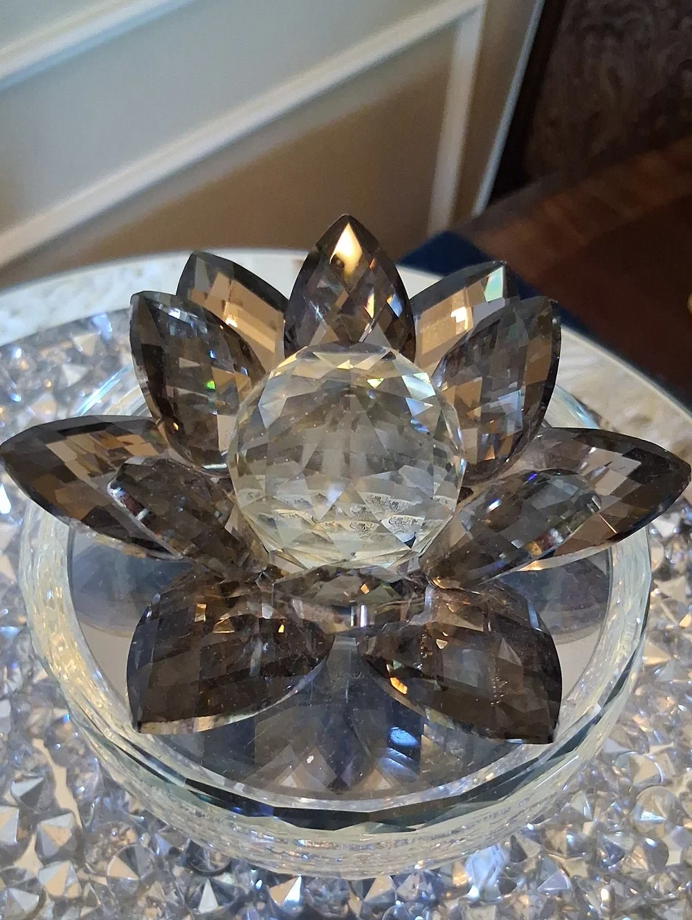 Crystal Lotus Decorative Bowl and Round Glass Jewelry Box - Vanity Accent